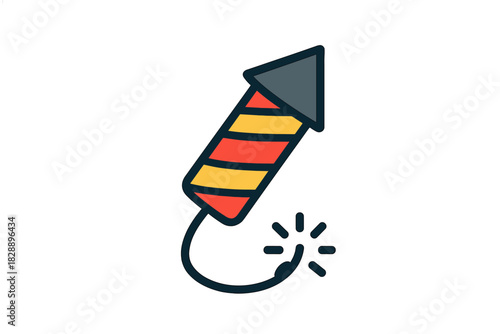Colorful striped firework rocket with a lit sparking fuse ready for celebration