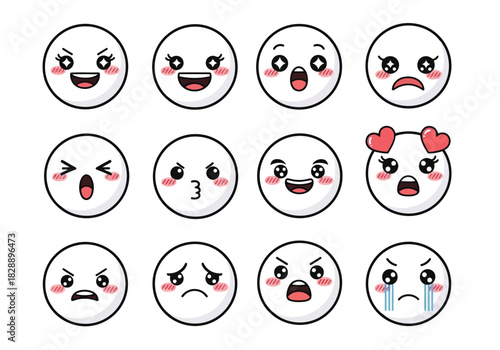 Collection of cute kawaii emoji faces with different expressions set of adorable cartoon emoticons with pink cheeks and hearts