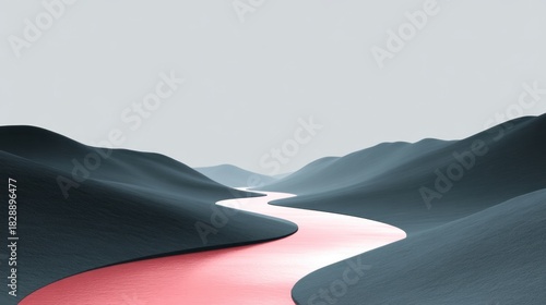 Wallpaper Mural Serene Landscape with Winding River Under Soft Gray Sky, Emphasizing Contrast Between Blue Hills and Reflective Pink Water Surface Torontodigital.ca