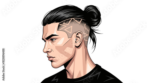 Side profile illustration of a man with a bun and shaved sides