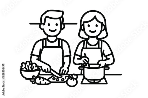 Couple cooking together in kitchen chopping vegetables and stirring pot