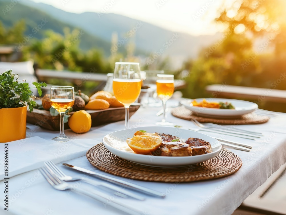 Naklejka premium Elegant outdoor dining table set with gourmet food, wine, and fresh orange slices, overlooking a scenic mountain landscape at sunset