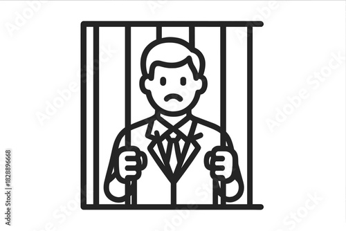 Businessman in suit behind jail bars facing legal trouble and incarceration