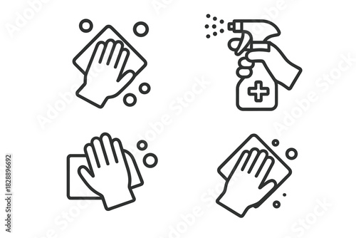 Actions of hand hygiene and surface sanitation using spray, cloth, and disinfectant bottle
