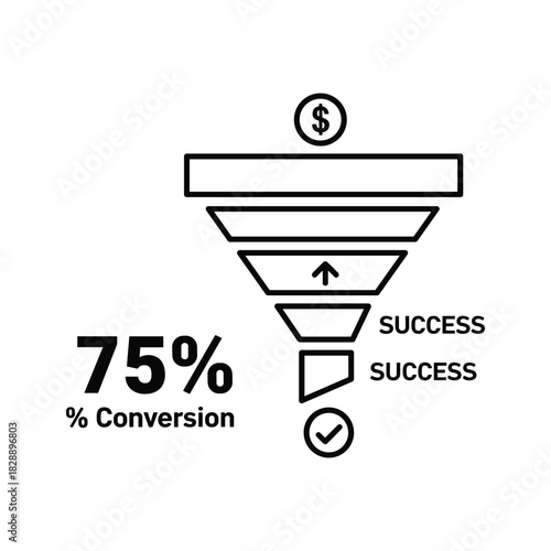 Marketing sales funnel diagram showing a 75% conversion rate with success metrics and a dollar sign, isolated on