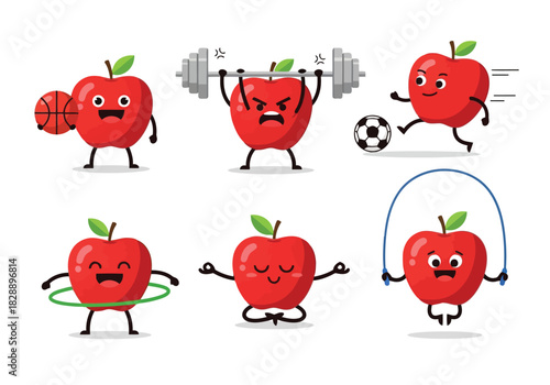 Cartoon apple characters engaging in various sports activities, including basketball, weightlifting, soccer, hula hooping, yoga, and jump rope