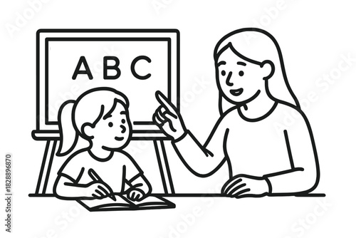 Adult woman teaching a young child the alphabet using a classroom whiteboard