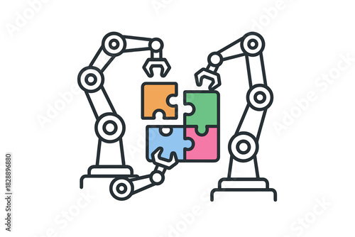 Robotic arms assembling colorful jigsaw puzzle pieces symbolizing teamwork and automation