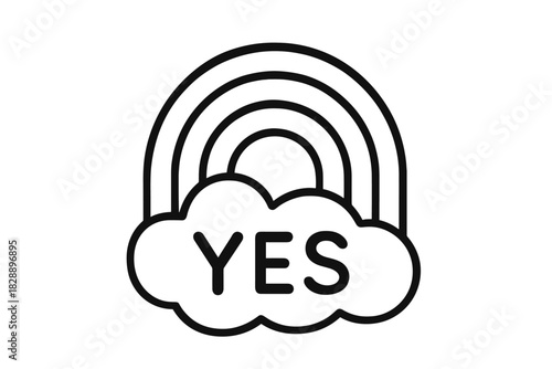 Simple black and white line drawing of a rainbow arching over a cloud with the word YES