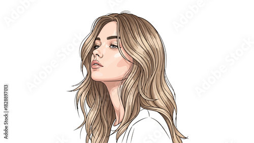 Stylized portrait of a blonde woman with wavy hair looking up