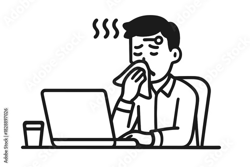 Sick worker suffering from cold or flu symptoms while working on a laptop at a desk