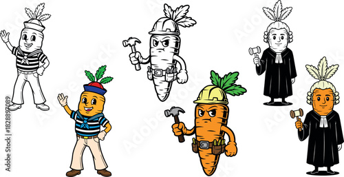 Cartoon Carrot Characters – Daucus carota – Cute Sailor, Builder and Judge Vegetable Mascot Illustration