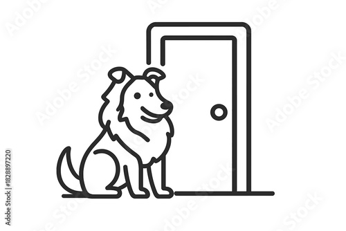 Cute fluffy dog sitting patiently next to a closed door