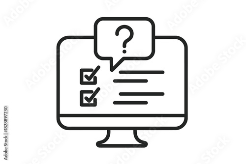 Computer monitor with digital checklist, completed tasks, and frequently asked question symbol