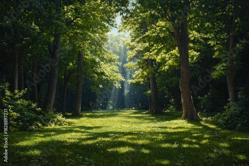 Sunlight streams through lush green forest canopy, illuminating a tranquil meadow with dappled light and shadows, creating a serene and magical natural landscape.