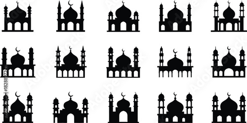 Collection of mosque silhouette icons for islamic religious events and celebrations including ramadan eid al fitr and eid al adha in vector format