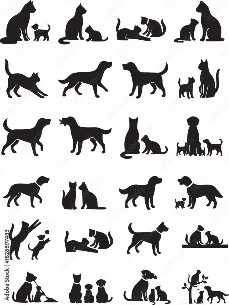 Obraz premium Collection of cat and dog silhouette icons