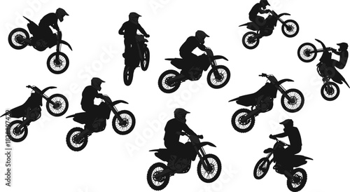 Motocross stunt silhouettes, dirt bike action, extreme sports riders, mid-air jumps, wheelies, helmets, adrenaline, freestyle tricks, racing energy, dynamic poses