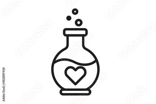 Chemical laboratory flask containing a bubbling love potion with a heart symbol