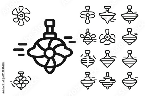 Various spinning top toys and propeller designs showing dynamic rotation and movement
