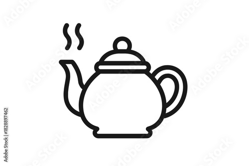 Minimalist black outline drawing of a hot teapot or kettle with rising steam