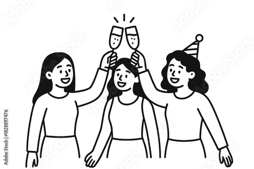 Cheerful group of female friends raising champagne flutes in a celebratory toast