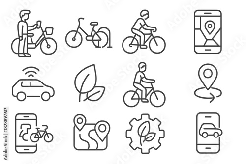 Line icons for bike sharing, car rental, GPS tracking, and sustainable urban transport