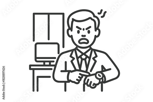 Angry boss pointing at his wristwatch symbolizing urgency and strict deadlines