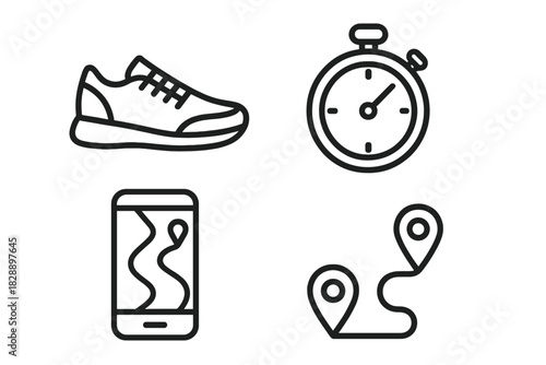Running fitness activity symbols featuring shoe stopwatch and GPS route tracking