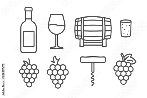 Elements of winemaking and tasting including bottle, glass, barrel, grapes, and corkscrew