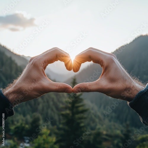 Hands forming a heart shape against a golden sunset over a misty mountain landscape, symbolizing love, nature, and hope