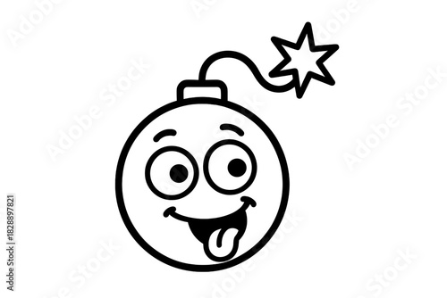 Silly cartoon bomb character sticking out tongue with lit fuse and star spark