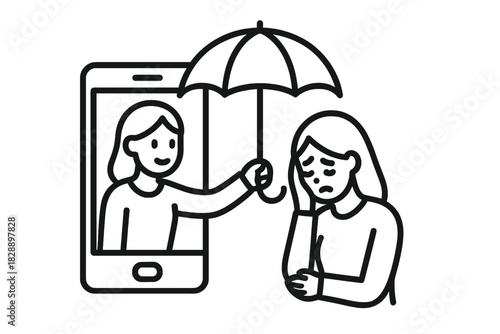 Digital mental health support and online therapy concept with a person offering an umbrella from a smartphone