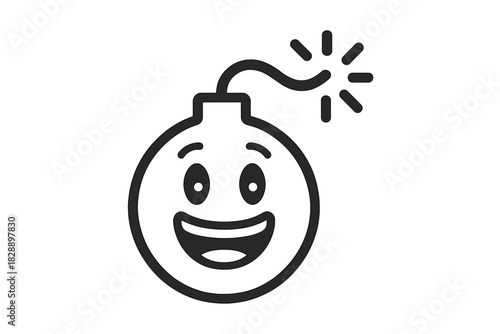 Black and white line art of a humorous cartoon bomb icon with a wide smiling face and lit fuse
