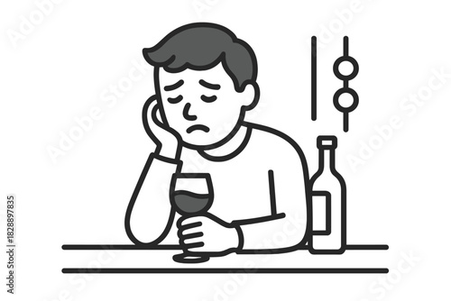 Sad man drinking wine alone at a bar counter feeling lonely and distressed