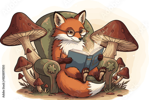 Cute Fox Reading Book in Forest Armchair t shirt design fox, reading, book, cute, forest, t-shirt, design, armchair, animal, nature illustration.
