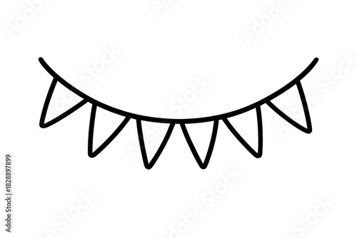 Minimalist black outline of a curved string of triangular party flags or pennants