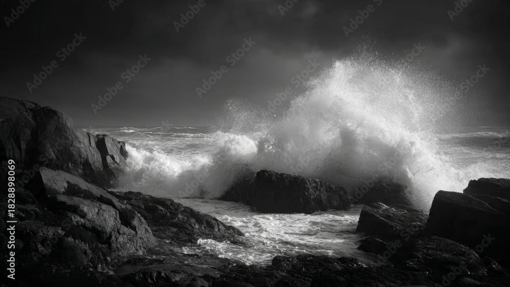 Fototapeta premium Waves Crash Against Rocks in Dramatic Ocean Scene