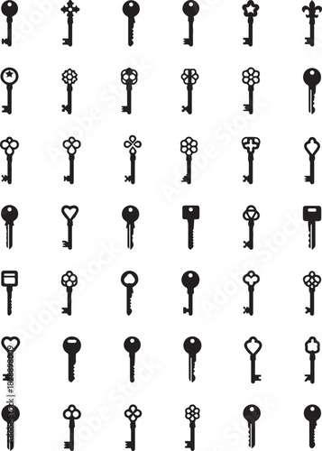 Collection of various black silhouette antique and modern key icons
