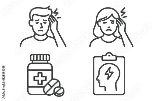 Headache, migraine, and pain symptoms with medical treatment and medication symbols