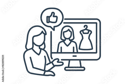 Woman recommending online fashion item displayed on a desktop computer screen