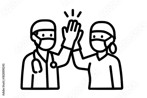 Medical professionals celebrating teamwork with a high five gesture while wearing protective face masks and gloves