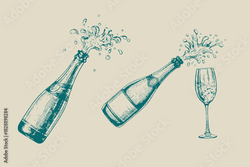 Vintage bottle and drinking glass with splash vector illustration. Human hand holding an explosion champagne bottle and drinking glass. Eps 10