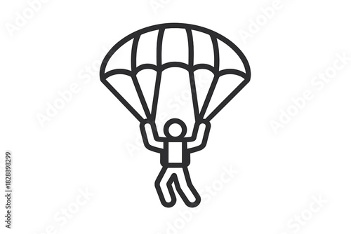 Simple line art graphic showing a skydiver descending safely under an open parachute
