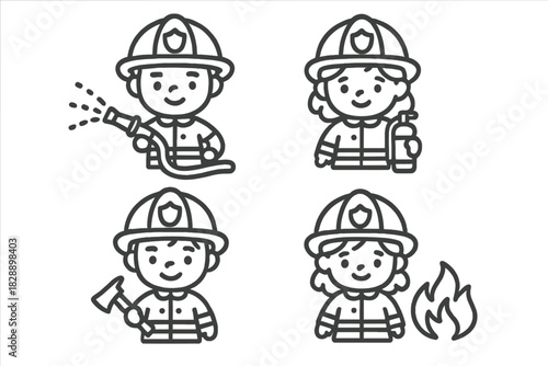 Cute cartoon firefighters set with hose, axe, extinguisher, and fire icons