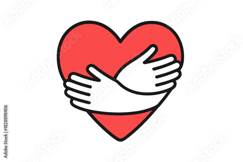 Hands embracing a large red heart symbolizing love, care, and compassion on a white background