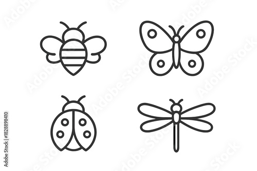 Minimalist outline icons of flying insects including bee, butterfly, ladybug, and dragonfly