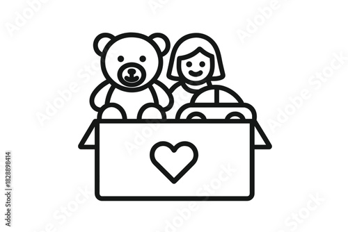 Outline icon of a charity donation box filled with various toys, including a teddy bear and a smiling child figure