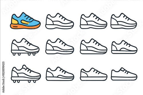 Outline icons of athletic shoes, sneakers, trainers, and sports footwear symbols