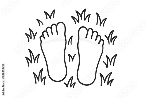 Simple black line art showing two bare feet standing on a patch of grass